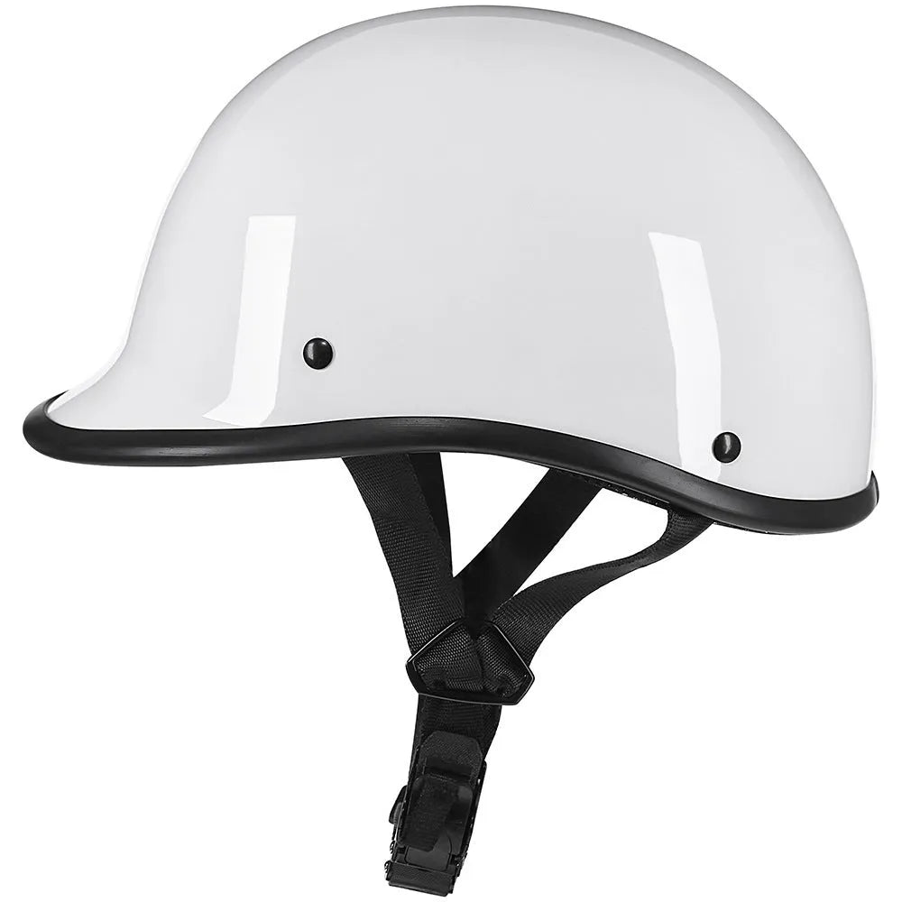 Retro style curved motorcycle helmet on stand, shown in matte black finish.