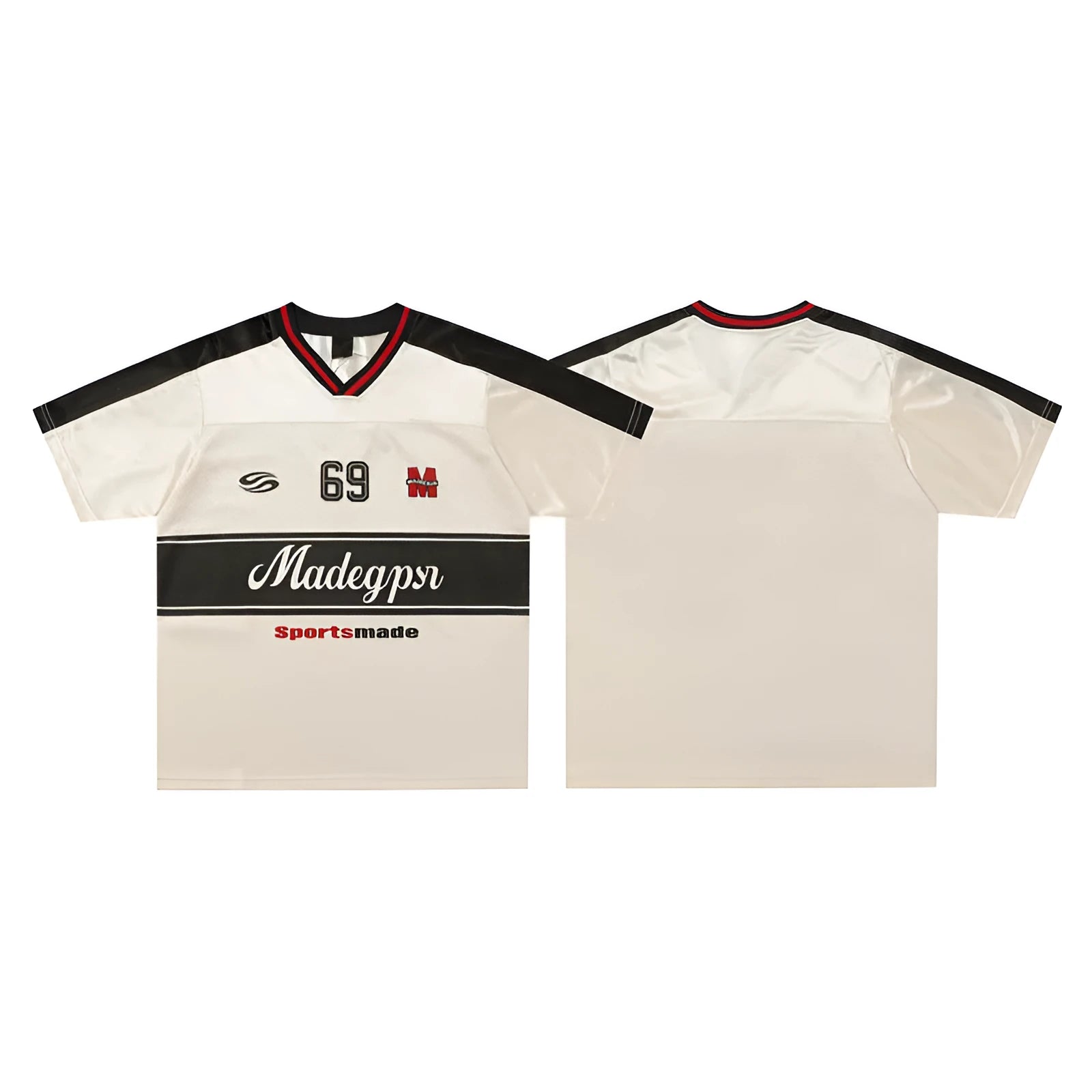 Apricot coloured V-neck sports jersey with short sleeves and letter pattern detail