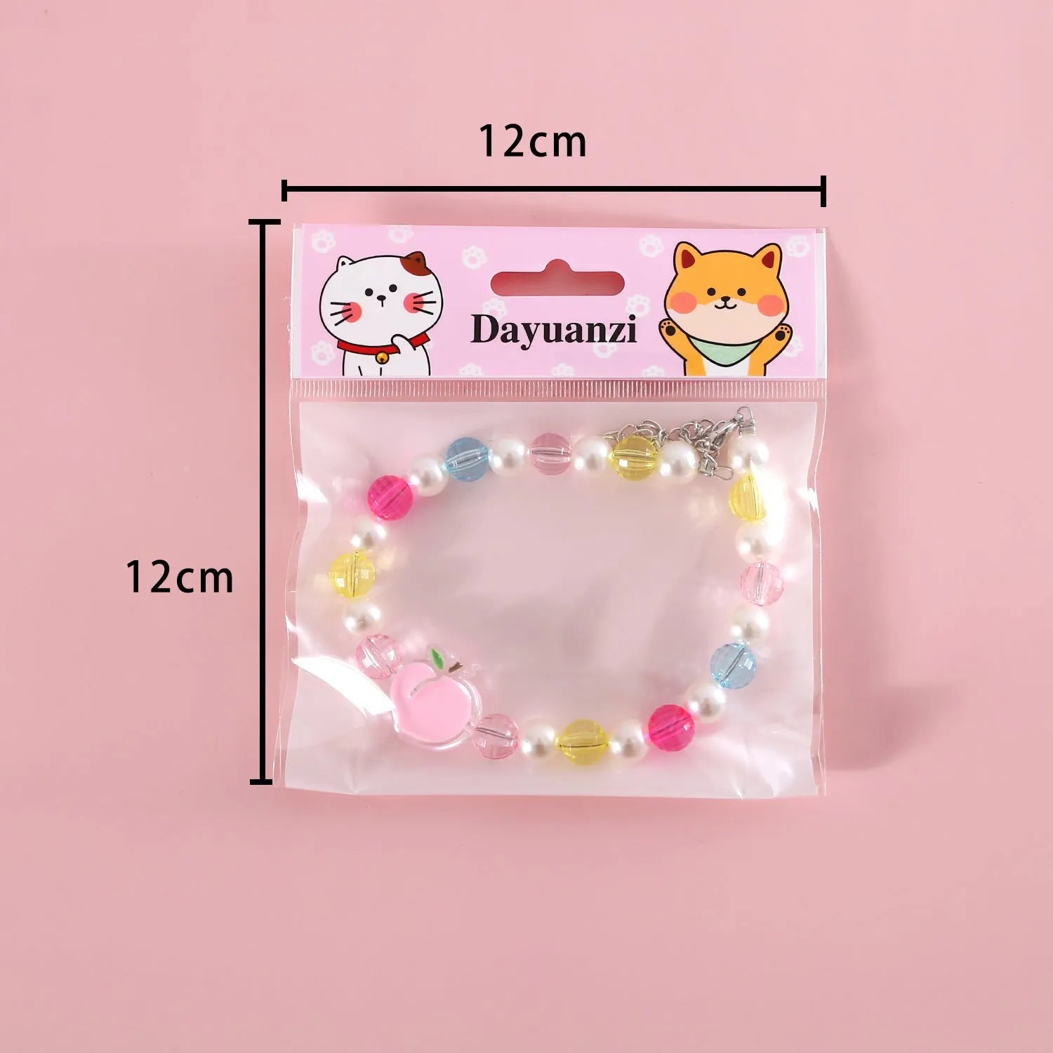 Colourful plastic bead pet necklace shown in peach, rainbow, and small flower patterns with an adjustable clasp.