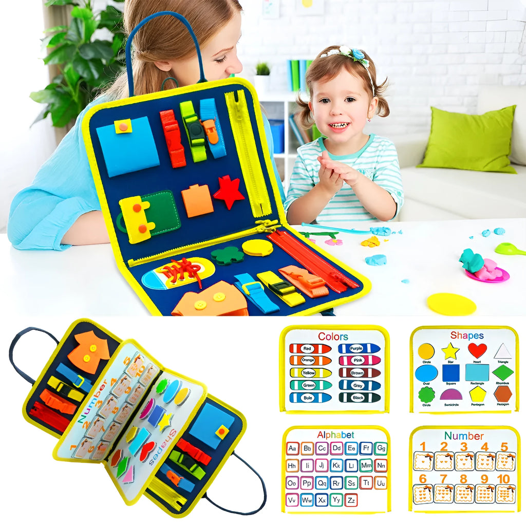 Soft felt busy board for toddlers with dressing and buttoning activities, foldable design, colourful style