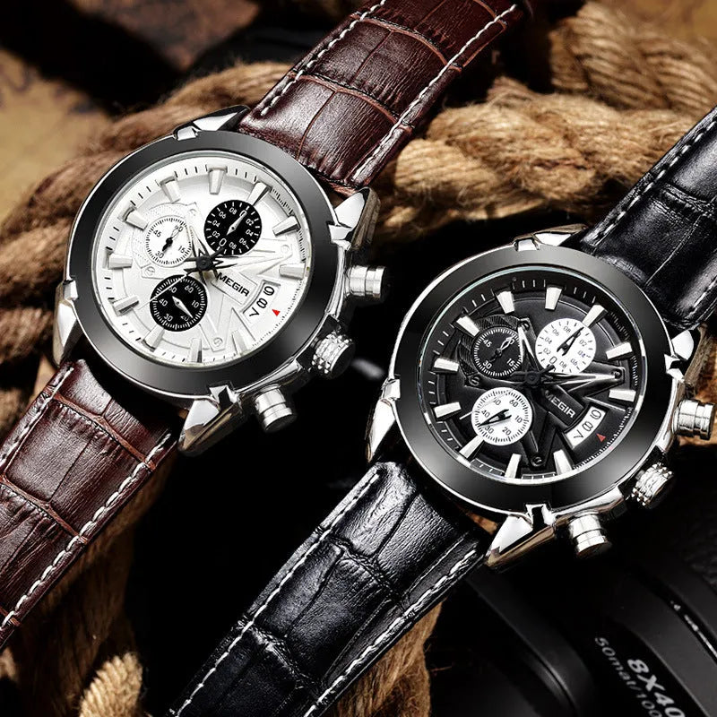 Men's brown and white dial chronograph watch with three subdials and luminous hands on a black strap.
