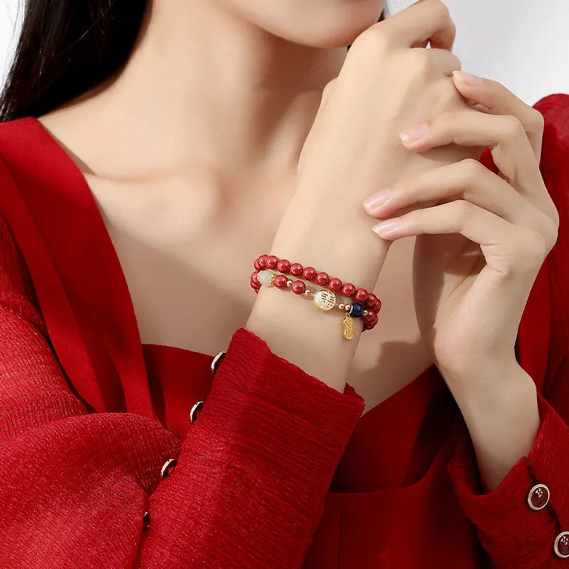 S925 sterling silver bracelet with white shell blessing card charm and cinnabar red accents