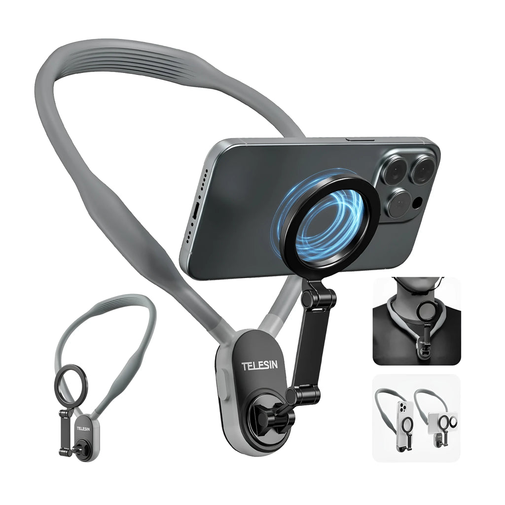 Grey silicone magnetic phone neck mount with aluminium strip and quick release magnetic plate