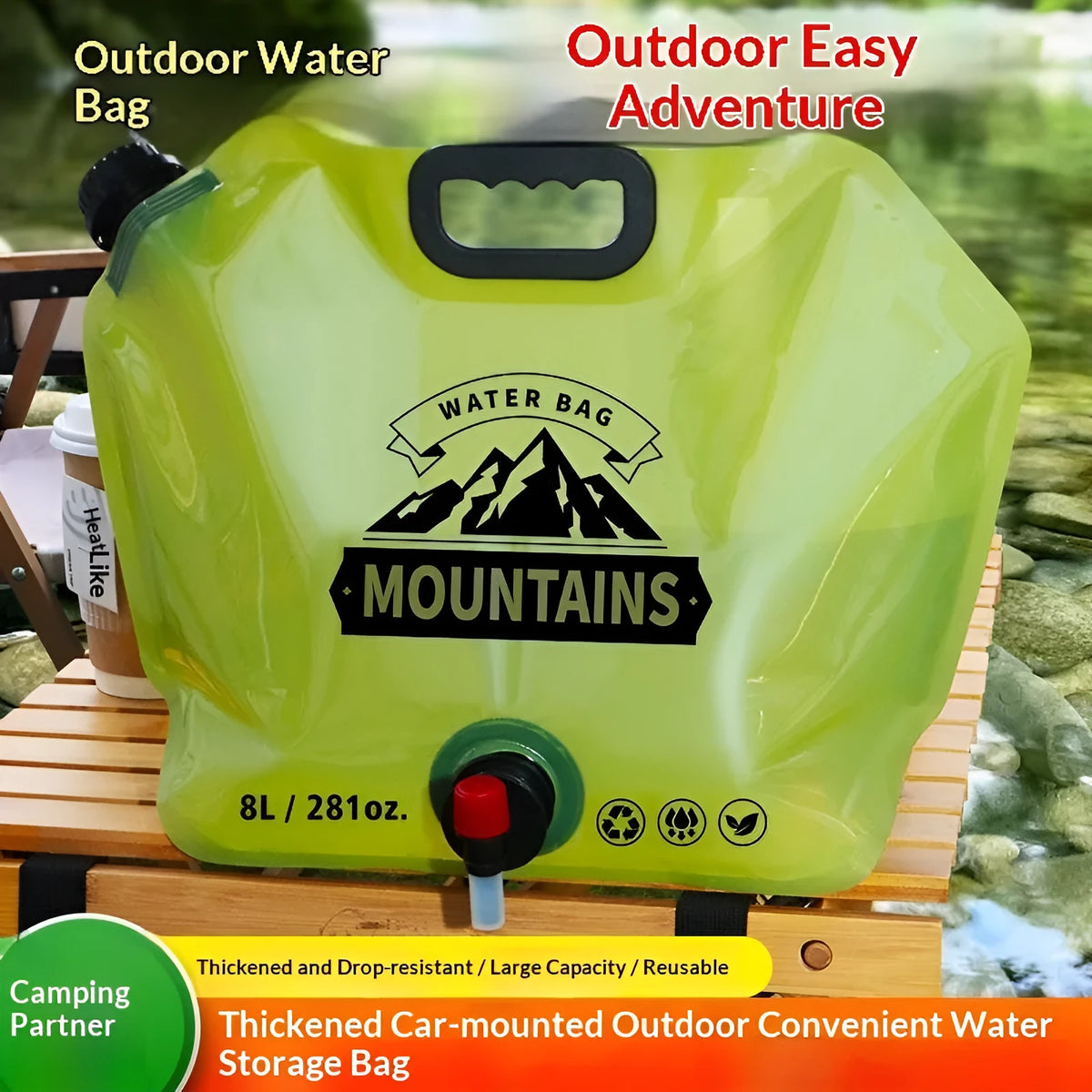 Outdoor water storage bag 8L in solid colour with waterproof fabric, portable for hiking and camping