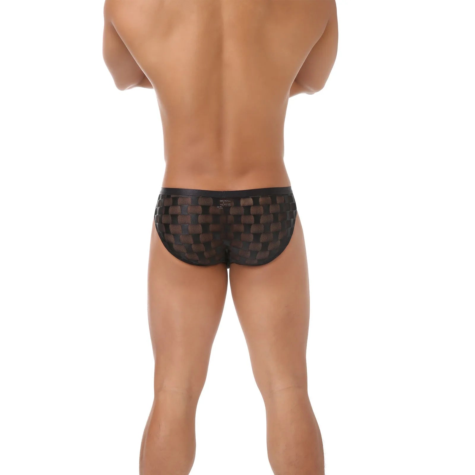 Men's black and white plaid mesh briefs with U-convex design for hip support.