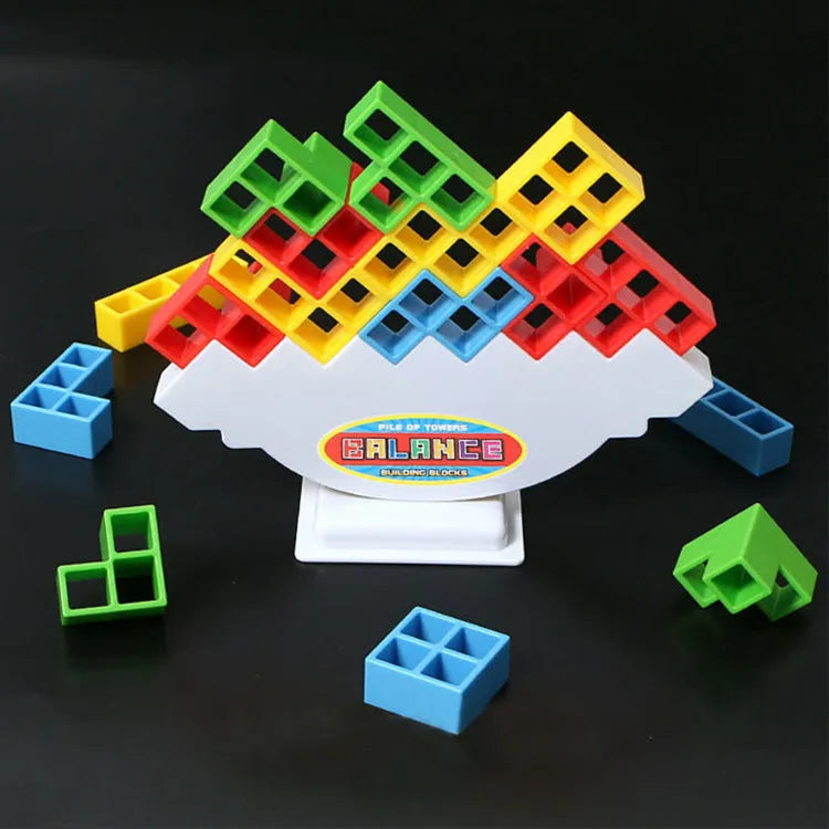 Plastic balance stacking game with 16 colourful building blocks on a square chassis