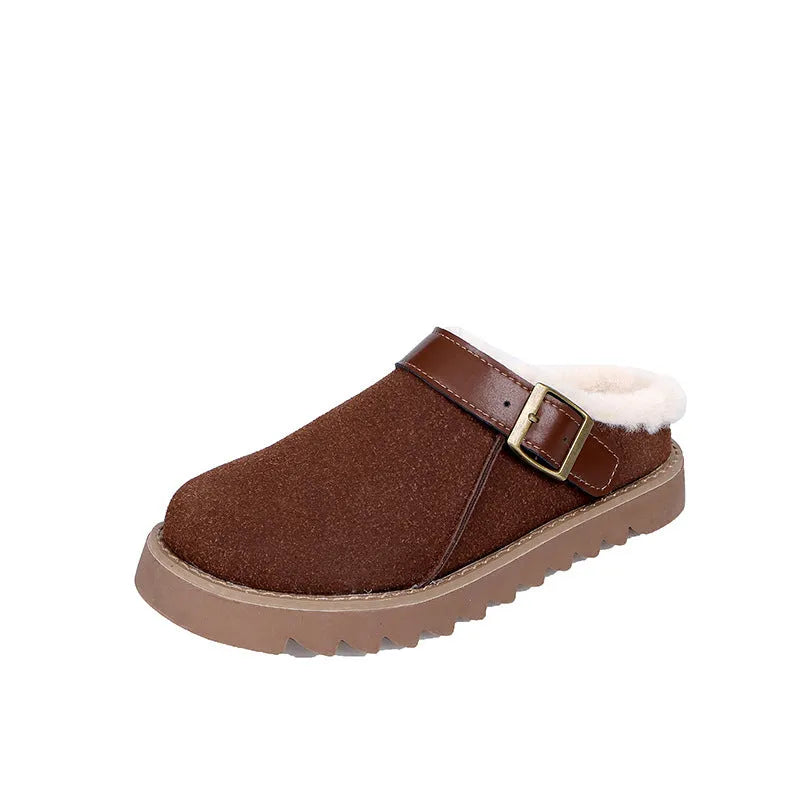 Women's brown suede snow boots with plush lining and rubber sole