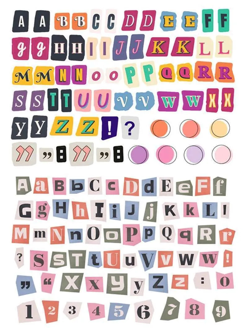 Cute English letters and numbers symbol label sticker set with multiple alphabet collections and weekly words