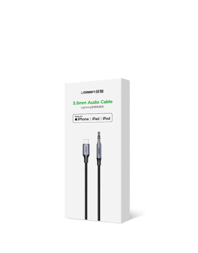 Black Apple Lightning to 3.5mm audio cable with braided TPE coating and aluminium connectors for car use.