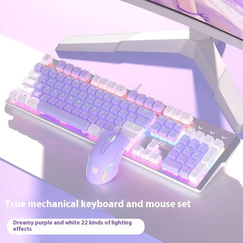 White and purple backlit wired mechanical keyboard and mouse gaming bundle on a desk.