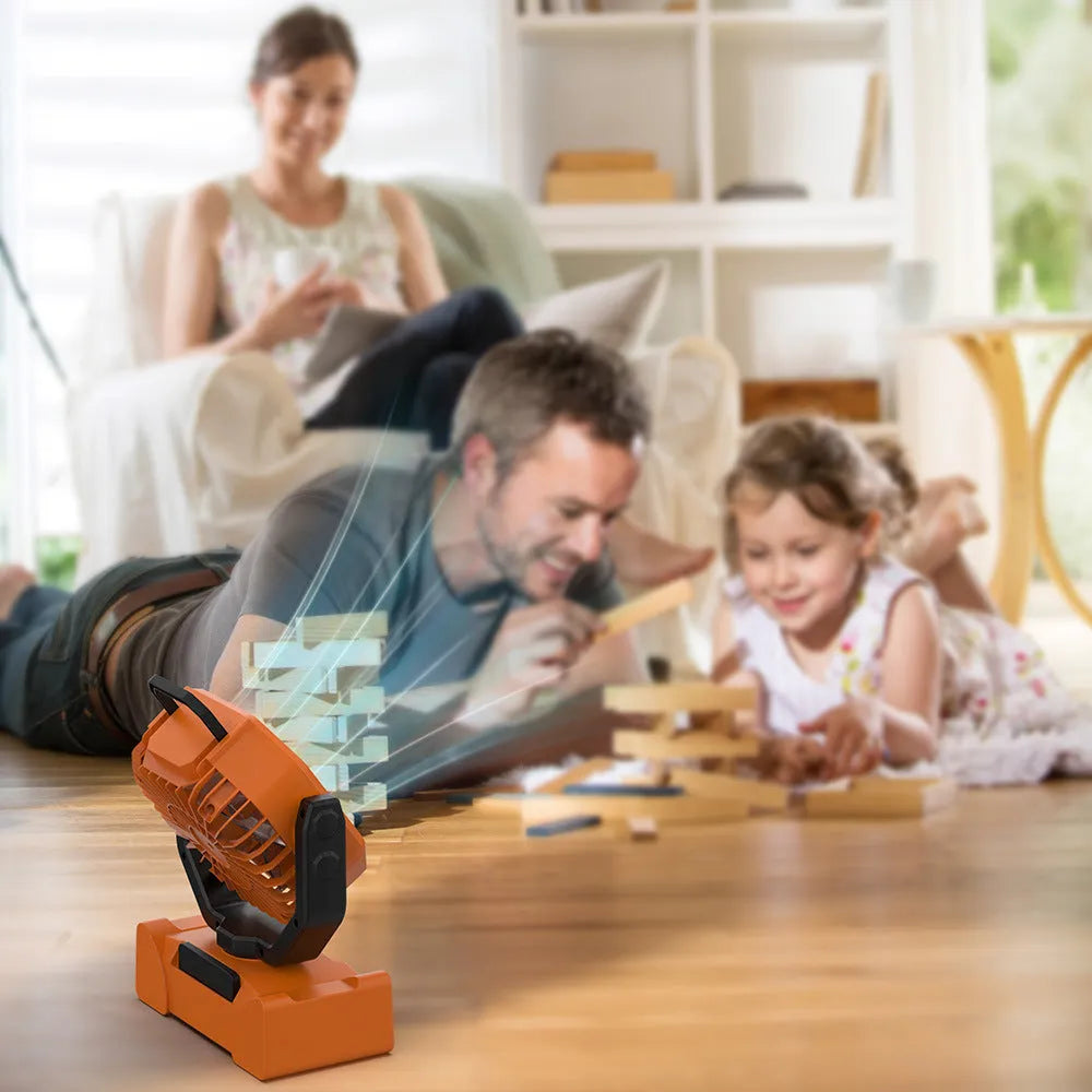 Outdoor portable rechargeable lighting fan with remote control, shaking head, in F6 Orange colour