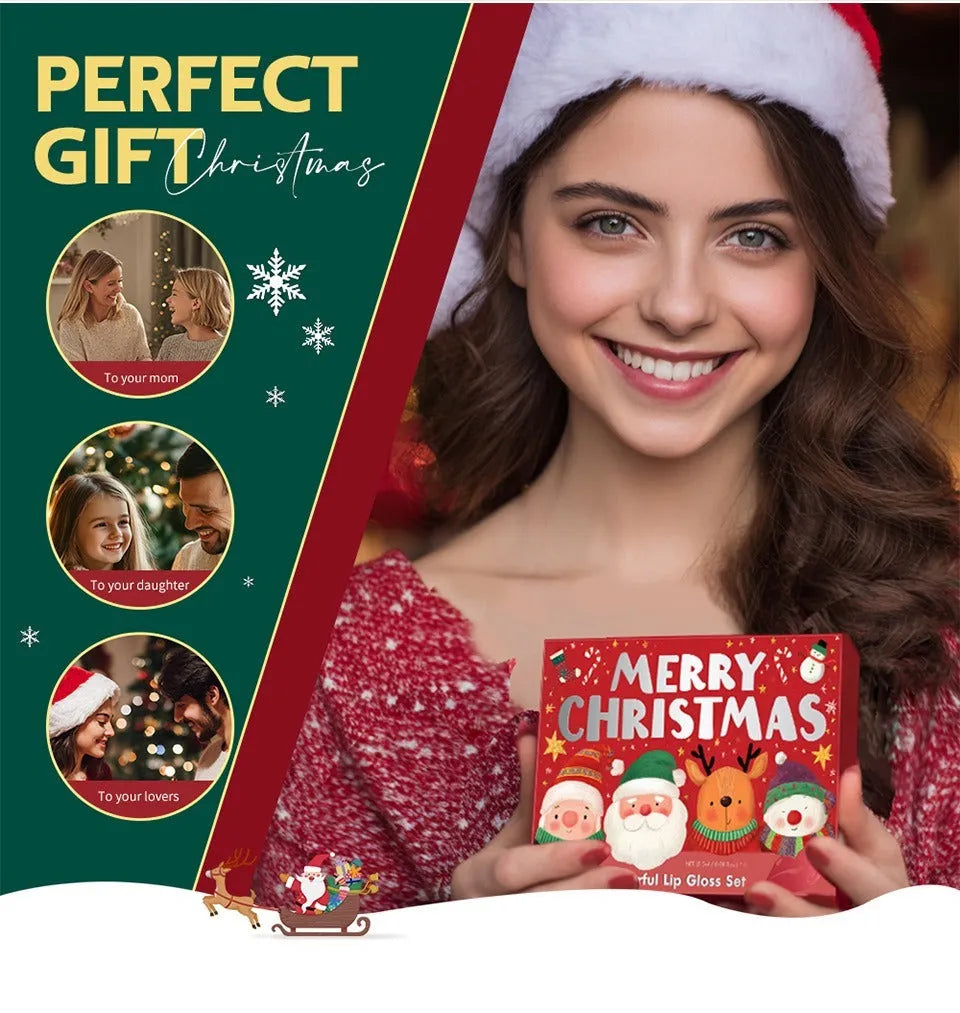Christmas lip gloss set 6-piece red matte velvet, festive makeup gift, red shades in compact packaging