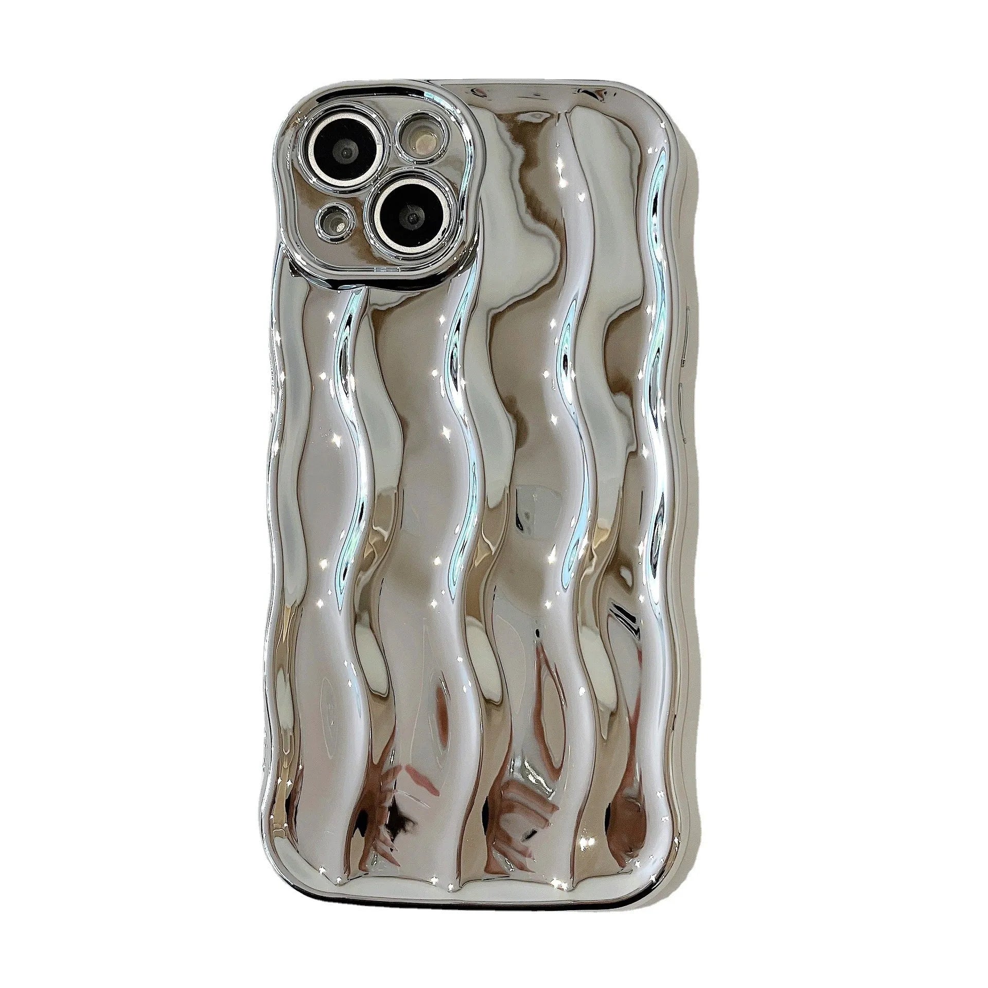 iPhone 17 Pro Max phone case with electroplated silver wave stripe design on black TPU back cover.