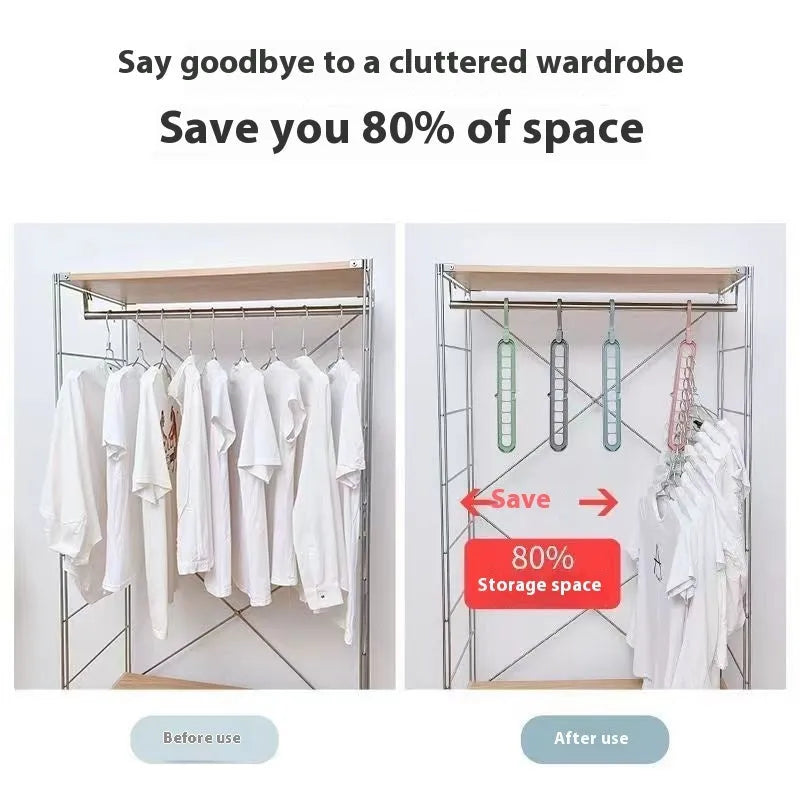 Plastic folding hanger with nine holes for trousers in beige, blue, green, grey, or pink colours.