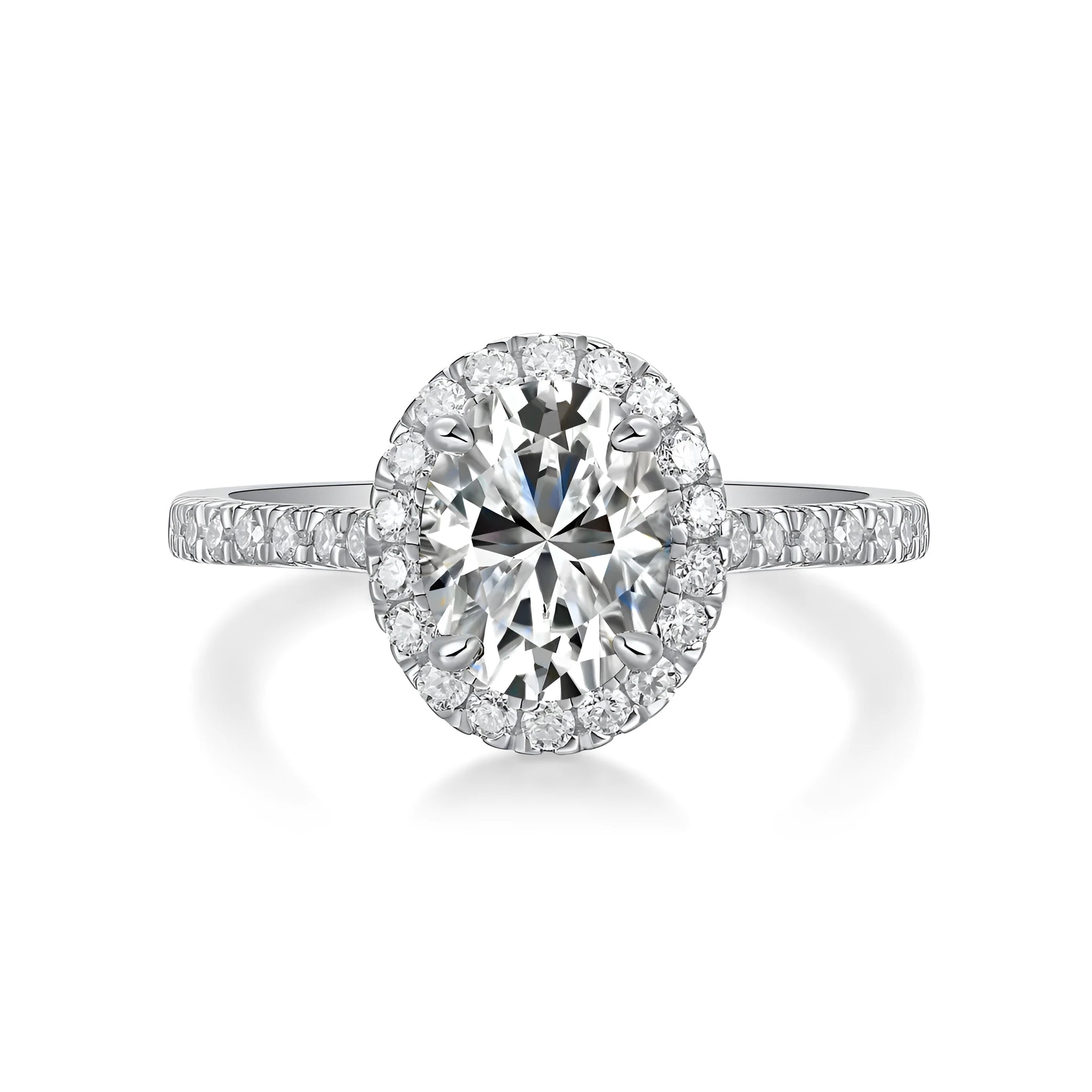 Audrey moissanite wedding ring set with egg-shaped 7x9mm stone in S925 silver platinum plating on white background