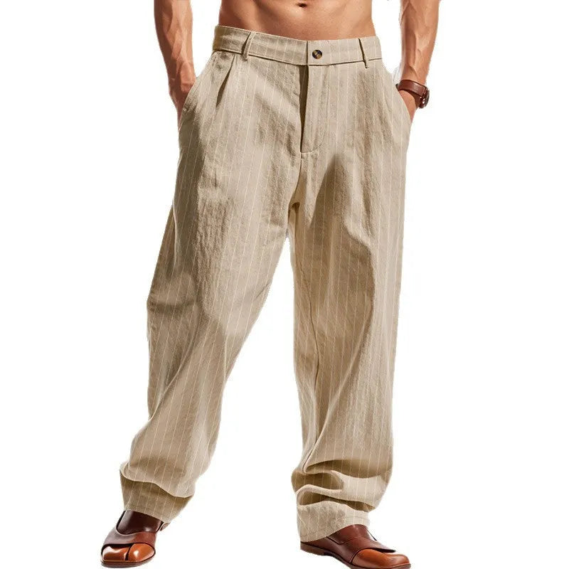 Linen striped high waist wide leg casual trousers shown in available colour options