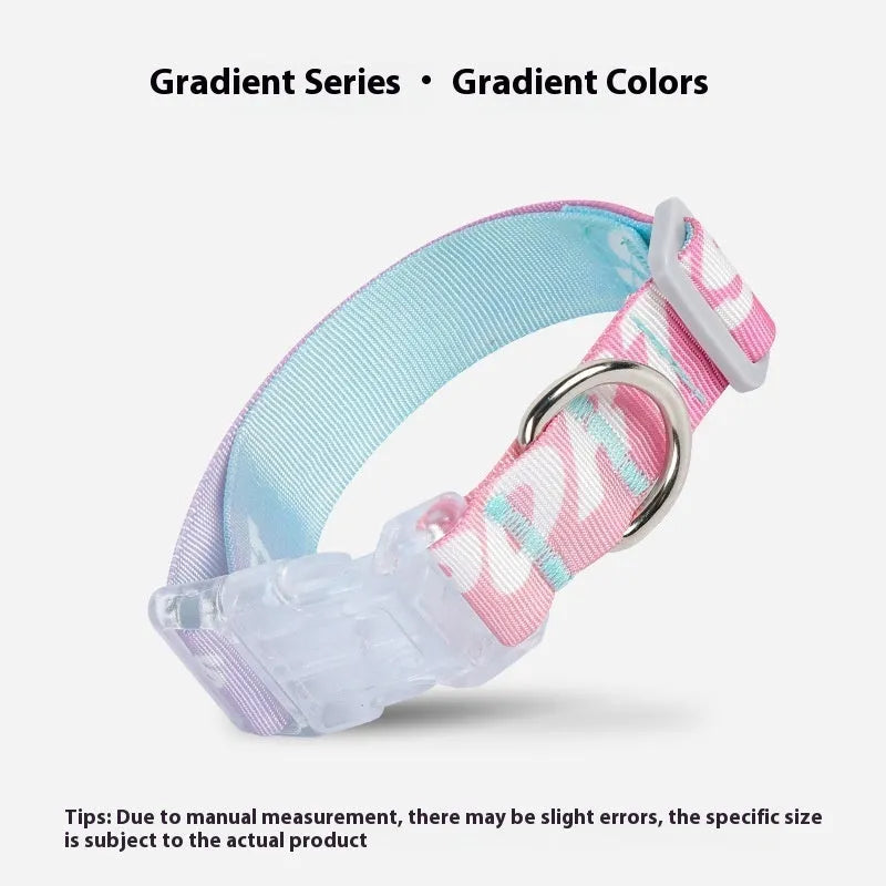 Adjustable nylon dog collar with vibrant cartoon gradient colours and a metal buckle on a green background.