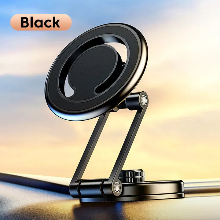 Telescopic folding magnetic car phone holder mounted on dashboard in black finish with phone attached