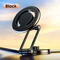 Telescopic folding magnetic car phone holder mounted on dashboard in black finish with phone attached