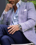 Men's slim fit two-button suit jacket in solid colour with top stitching pockets.