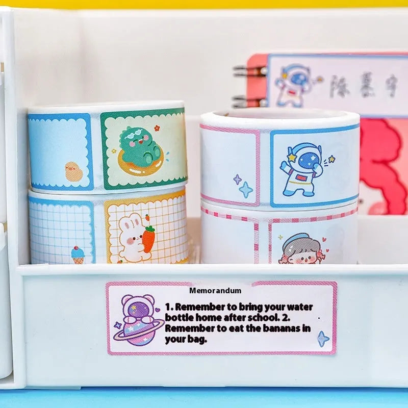 Roll of cartoon name tape stickers showing dinosaur, astronaut, rabbit and girl designs for student organisation