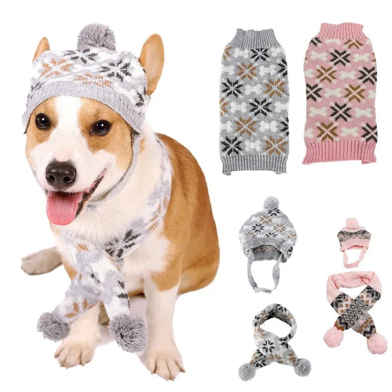 Japanese-style retro jacquard pet sweater hat and scarf set in grey and pink colour options