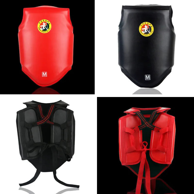 Red boxing helmet and one-piece chest protector set for fighting training