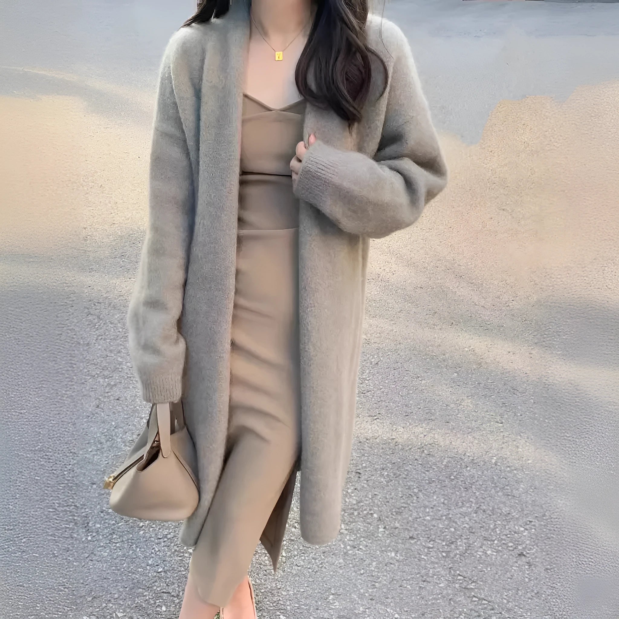 Women's khaki knitted V-neck cardigan with long sleeves, shown on a hanger.