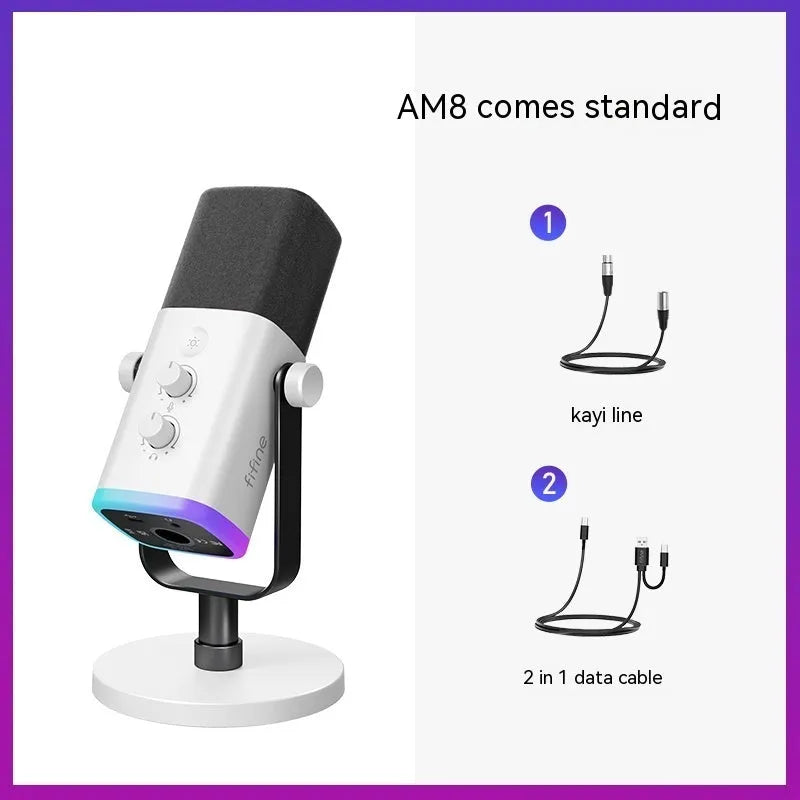 Black dynamic USB and XLR microphone with a weighted desk stand on a wooden surface.