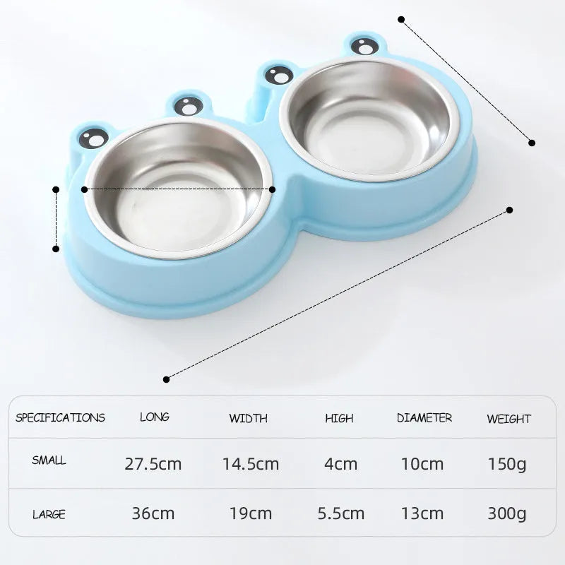 Stainless steel pet double bowl with frog design for separate food and water compartments