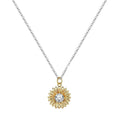 Close-up of a geometric daisy pendant necklace on a silver cross chain, adjustable from 21cm to 50cm.