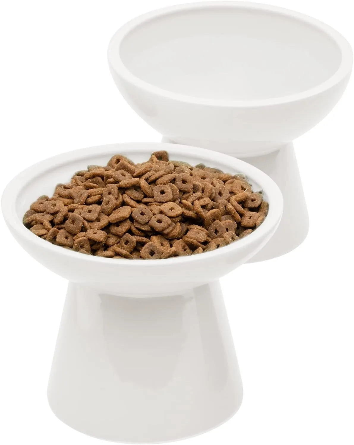 Ceramic elevated cat food bowl set in blue green pink or white colours with wide shallow design