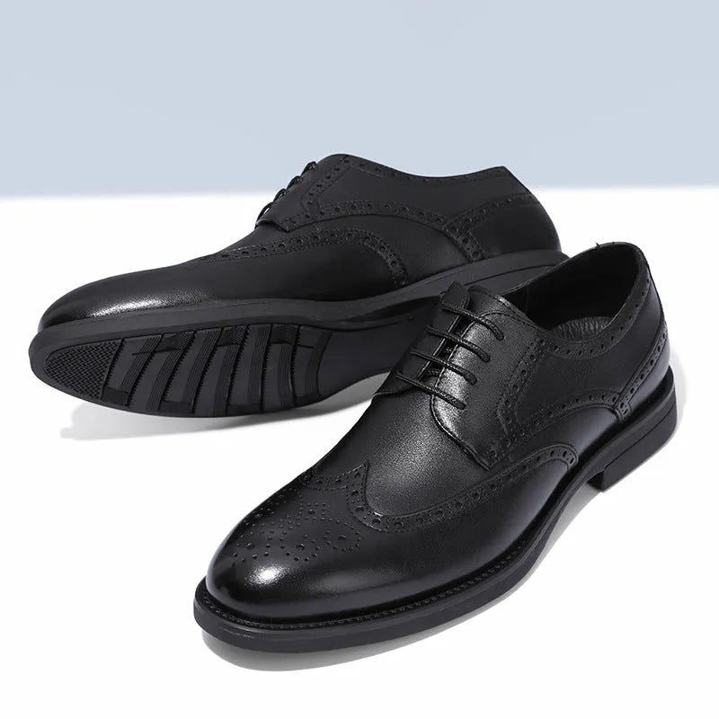Men's black and brown brogue style shoes with a PU leather upper for business wear.