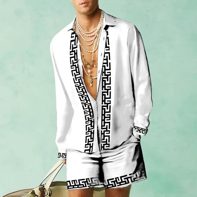 Casual slim-fit polyester shirt and matching shorts set on a model, showing the coordinated summer outfit.