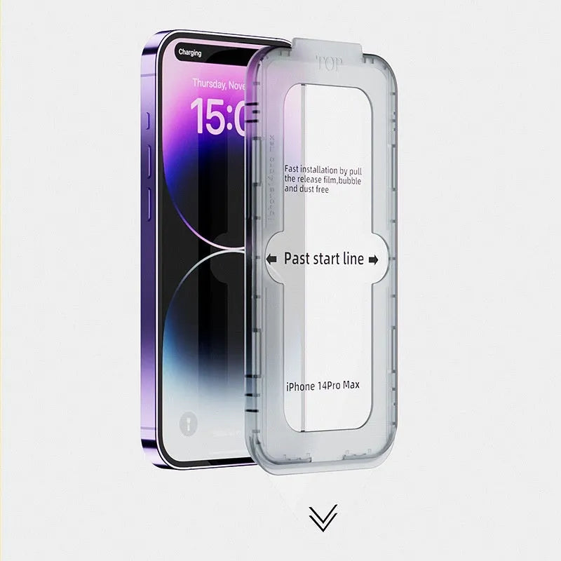 Tempered glass privacy screen protector for iPhone with frosted peep-proof finish and application sticker box.