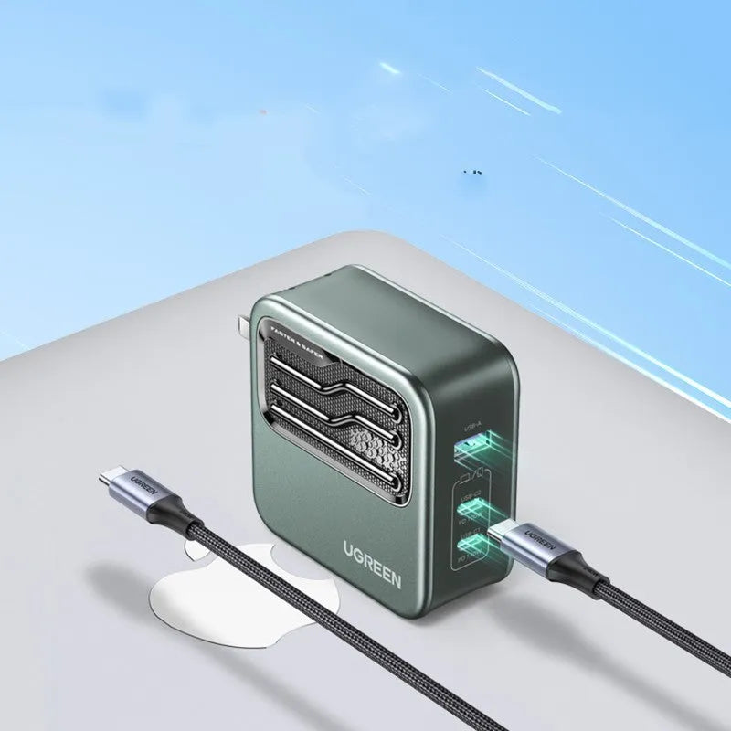 Compact 100W Gallium Nitride fast wall charger plug with multiple USB-C ports