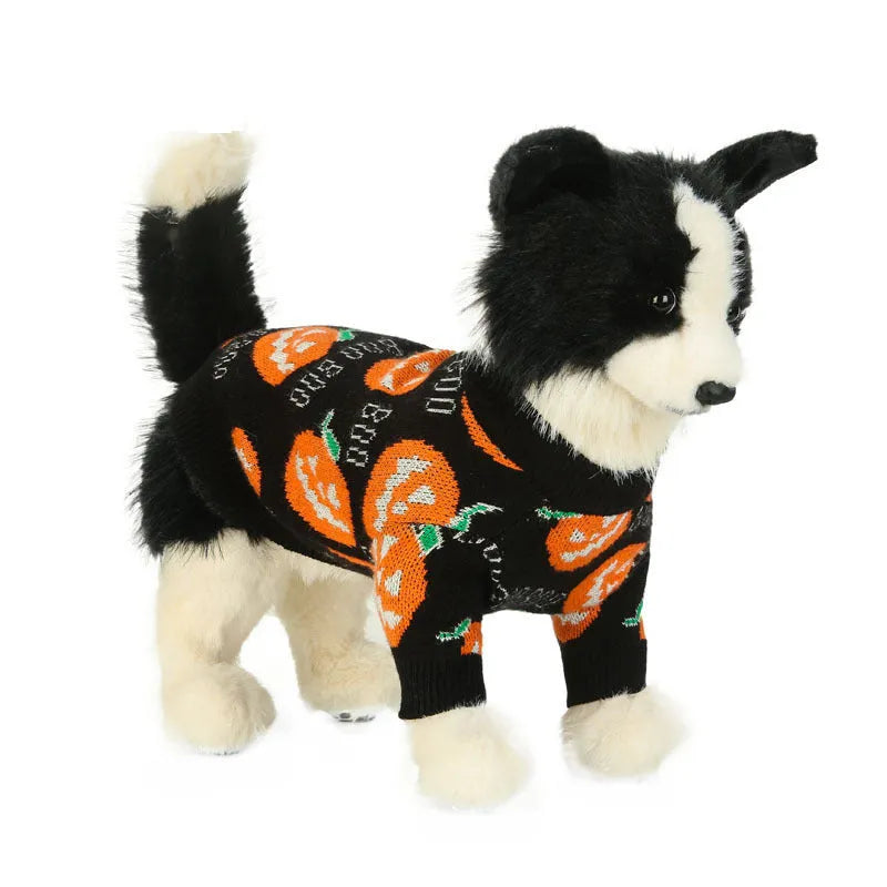 Black polyester Halloween dog sweater with orange pumpkin pattern showing front view