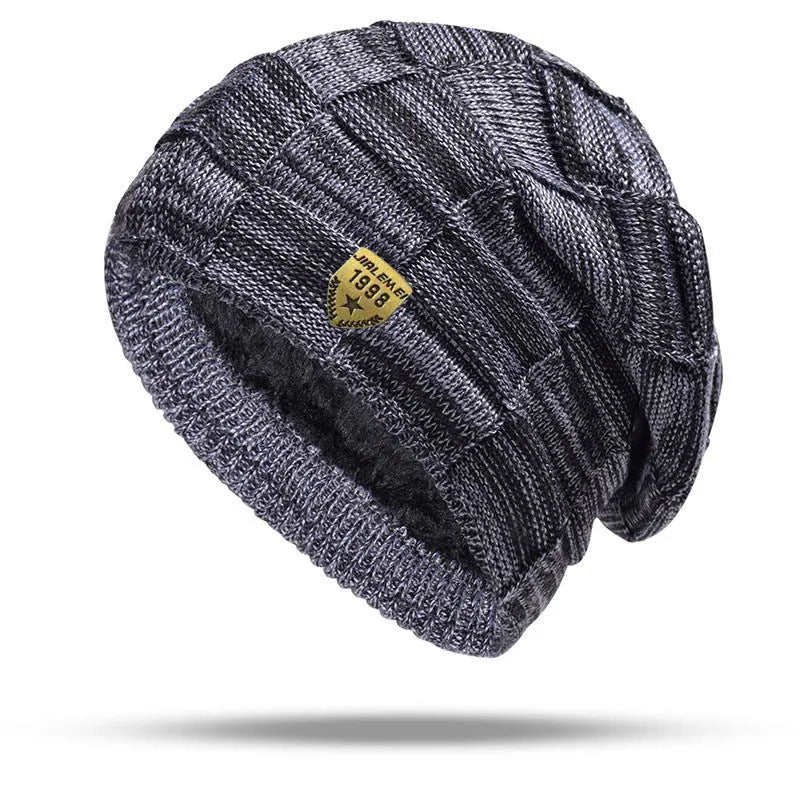 Leisure warm velvet-thick knitted hat in black with plaid pattern, 58-63cm elastic fit, acrylic fibre