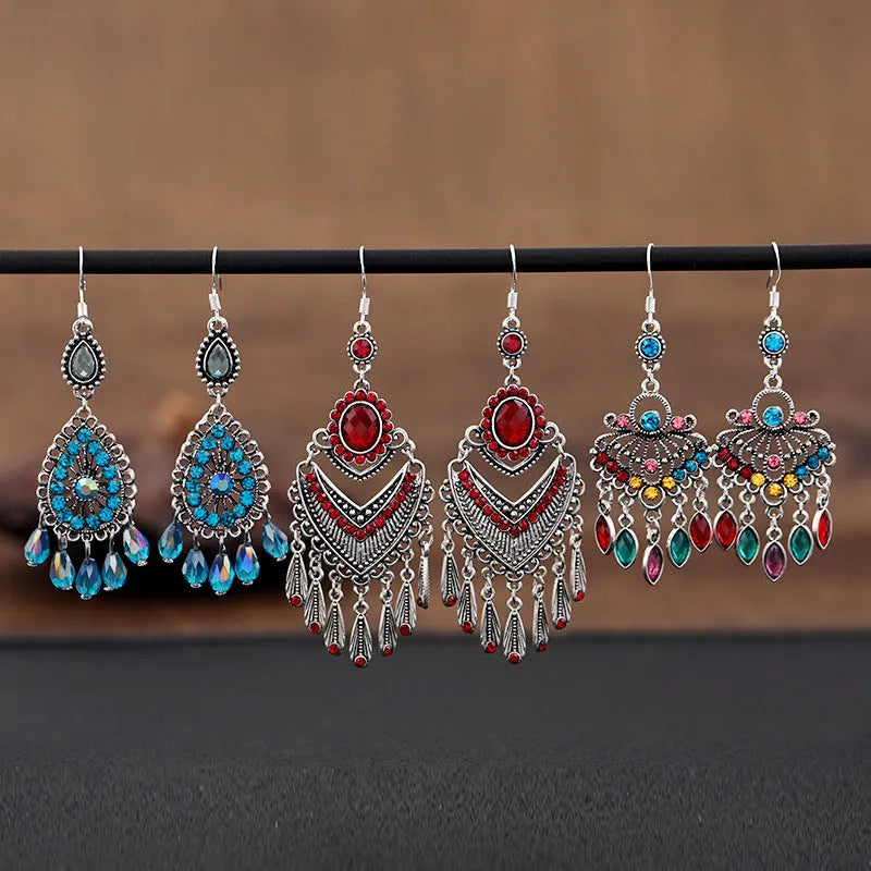 Retro long fringe drop earrings with crystals in smart water drop purple colour