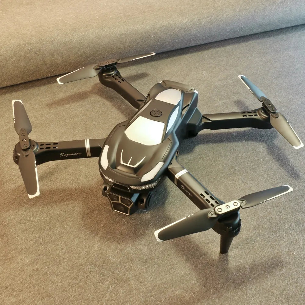 Black aerial photography drone with three cameras and HD remote control on display
