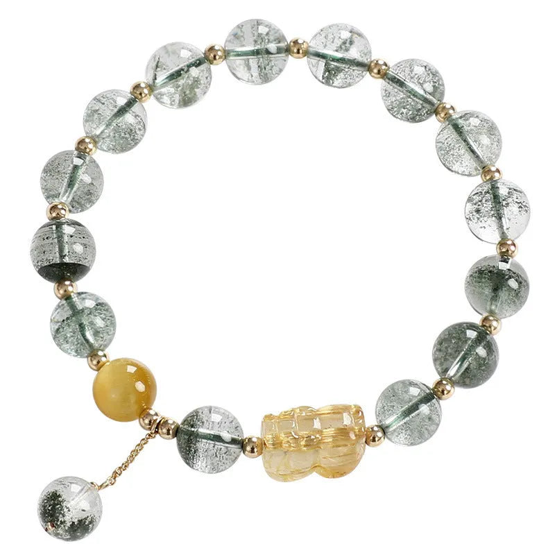 Green phantom quartz bracelet with geometric charm and gold rutilated quartz stones