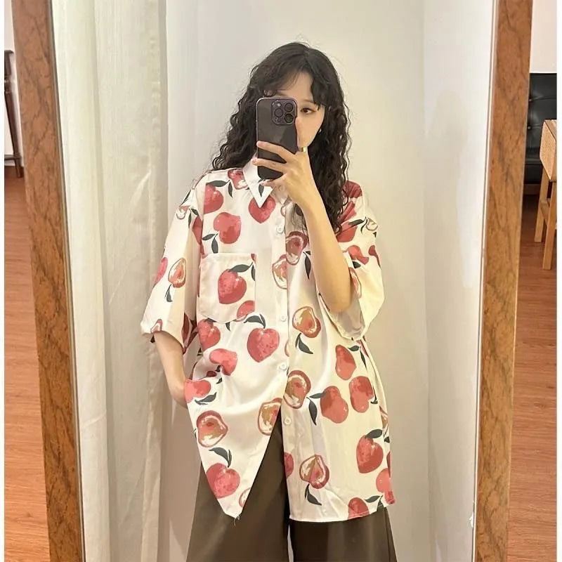 Summer Hong Kong style couple half sleeve flower shirt in 617 picture colour, loose fit, fruit pattern on polyester fabric