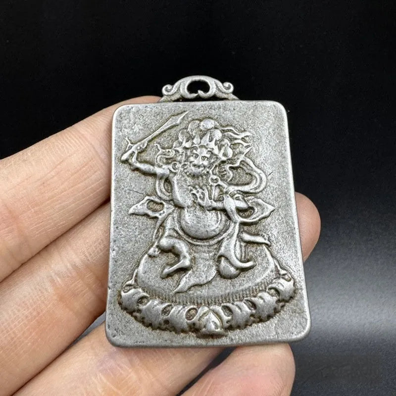Antique Chinese-style geometric iron pendant ornament depicting Aryaacalanatha Yamantaka.