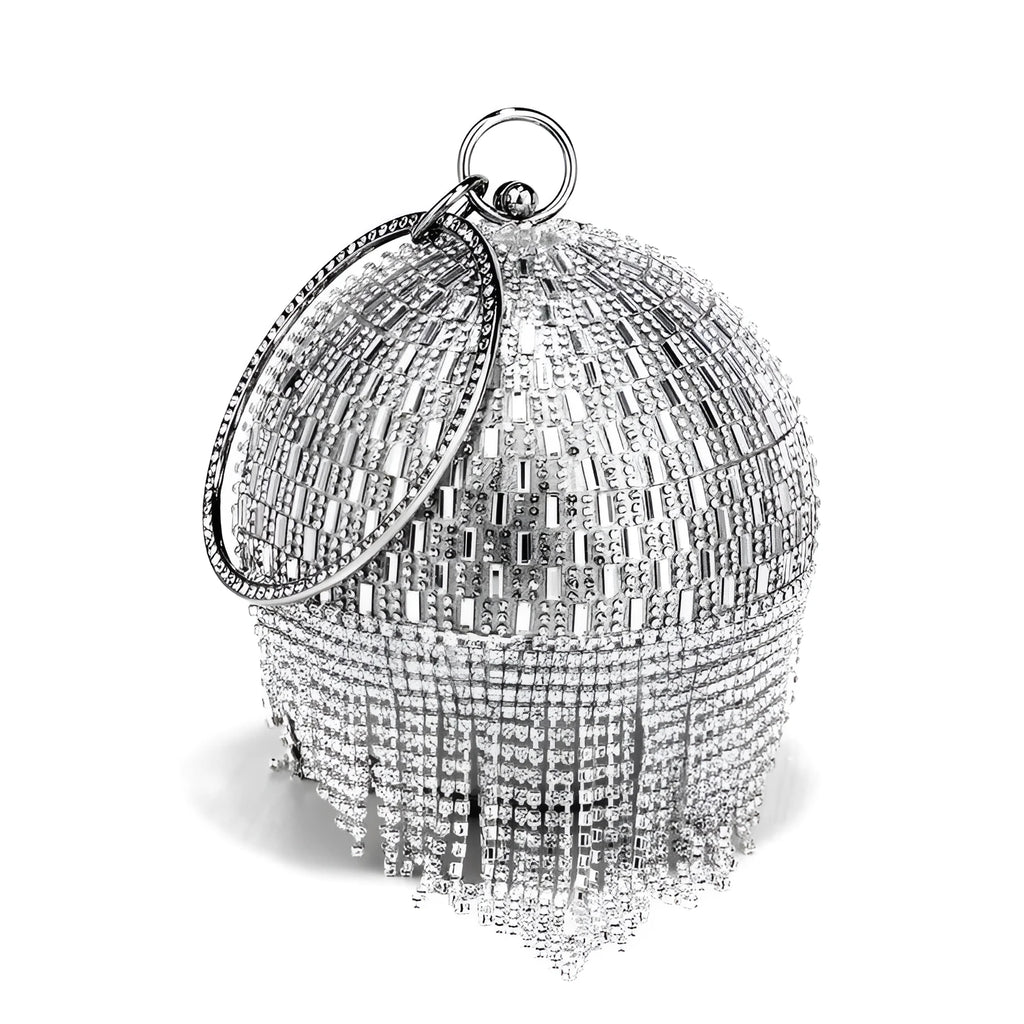 Shining rhinestone round tassel dinner bag in black with document pocket