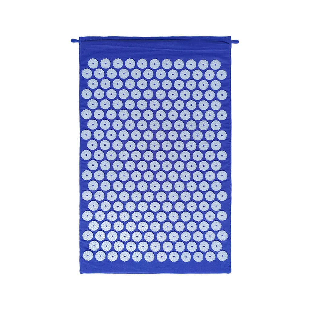 Black and blue acupuncture massage mat set with cushion and headrest on floor for yoga and massage