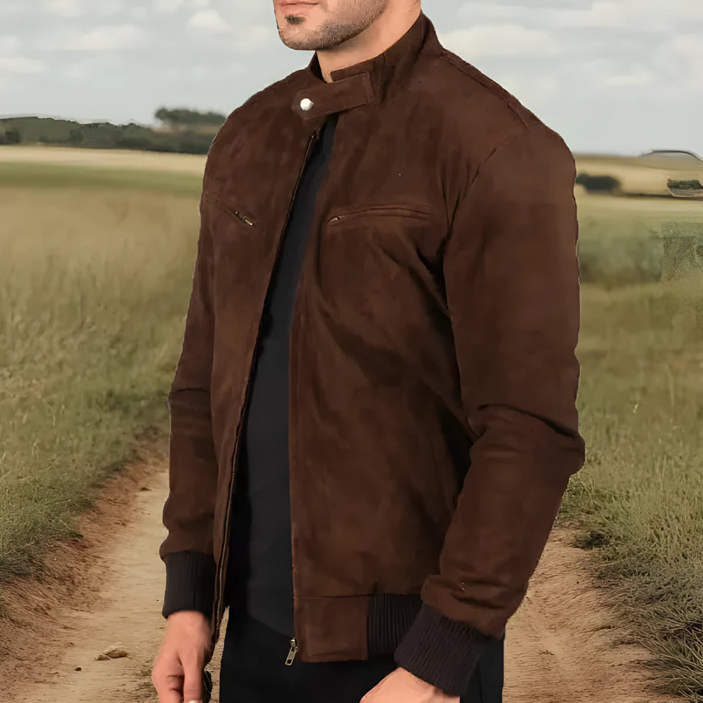 Vintage brown suede jacket for men with front zipper and size stick pockets, long sleeves, and straight hem.