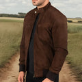Vintage brown suede jacket for men with front zipper and size stick pockets, long sleeves, and straight hem.