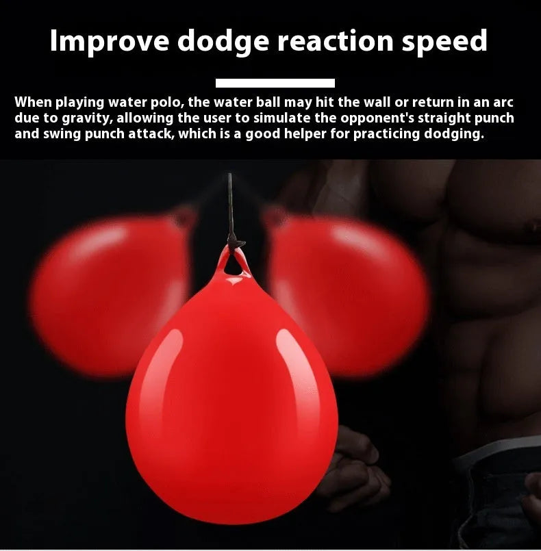 Red water-filled PVC boxing reaction ball with hook rope sling for combat sports training
