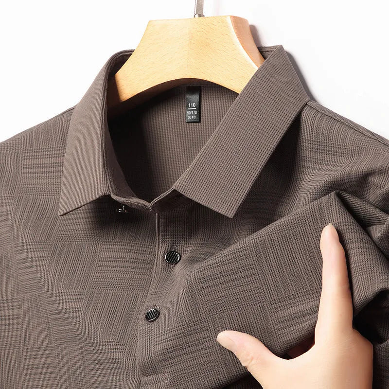 Men's slim fit lapel collar t-shirt in chemical fibre blend fabric, shown in multiple colour options