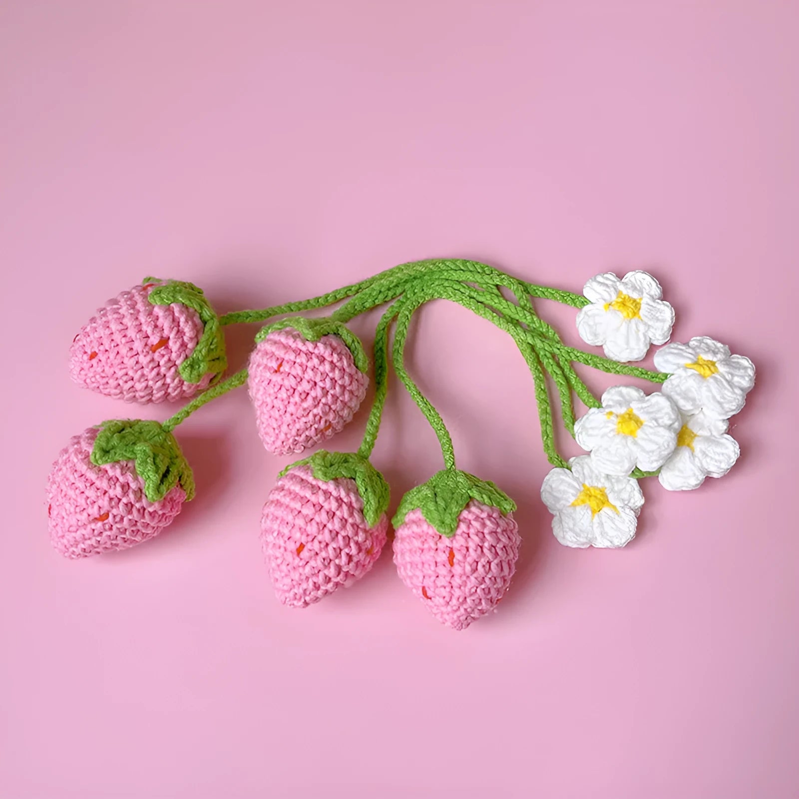 Wool crochet woven strawberry pendant on 35cm cord in pink and red colour options